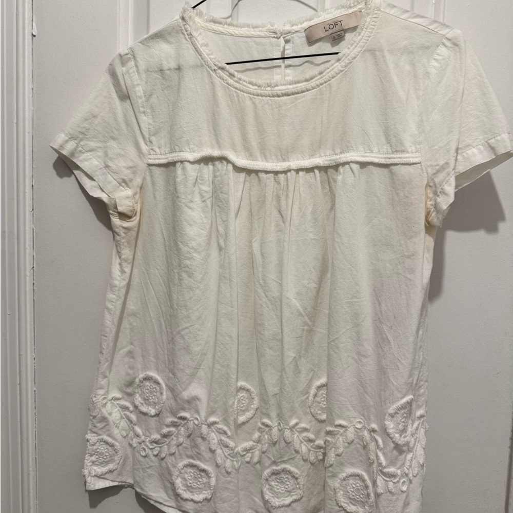 LOFT Ivory Floral Embroidered Blouse